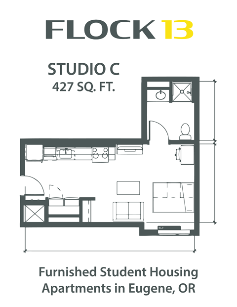 Floor plan for studio, 1 bath, 427 sqft